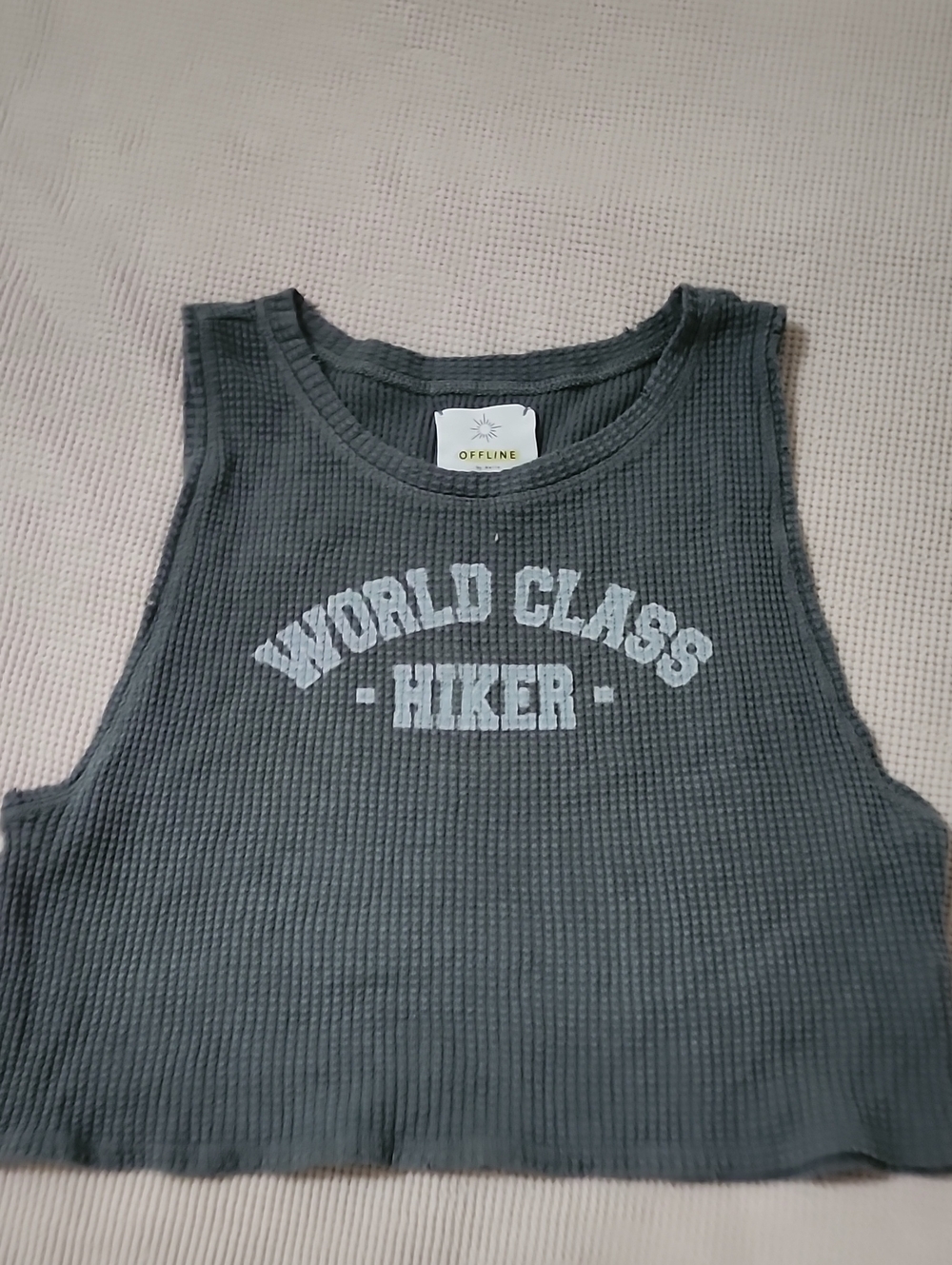 aerie Charcoal Gray Cropped Tank with "World Class Hiker" Graphic